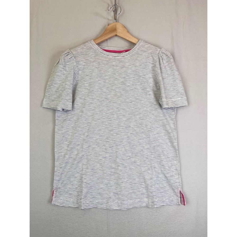 Boden Womens Puff Sleeve Striped T-Shirt Navy White Slub Cotton Top Size S NWT